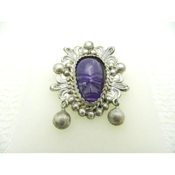 VTG MEXICAN STERLING Glass Purple Amethyst Carved Mask Dangle Pin Brooch